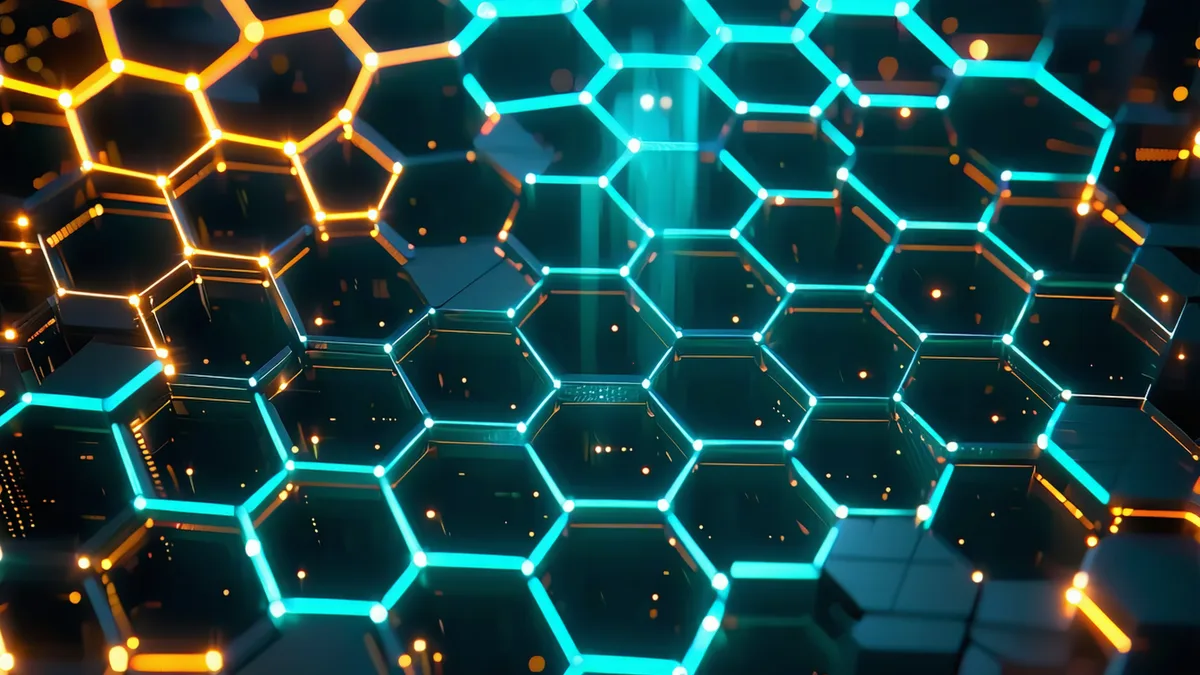 Abstract framework diagram rendered as glowing geometric shapes